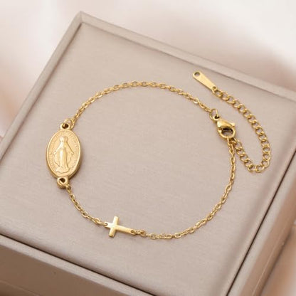 VASSAGO Virgin Mary Bracelet for Women Men Double-Sided Virgen de Guadalupe Rosary Bracelet Medal Handmade Braided Rope Catholic Christian Religious Jewelry Gift - color: Gold 7