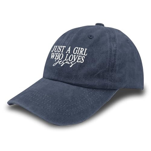 JUSTS A Girls WHO Loves Jesus Hats for Women Aesthetic Washed Distressed - color: Navy Blue