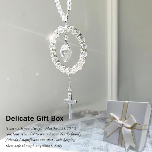 Bible Verse Car Rearview Hanging Cross, Bling Suncatcher Crystal Car Charm Mirror Hanger, 'I Am with You Always' Matthew 28:20, Christian Cross for Car Accessories Ornament Religious Gift for Women