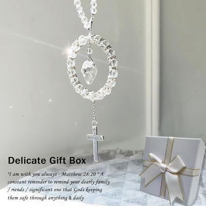 Bible Verse Car Rearview Hanging Cross, Bling Suncatcher Crystal Car Charm Mirror Hanger, 'I Am with You Always' Matthew 28:20, Christian Cross for Car Accessories Ornament Religious Gift for Women