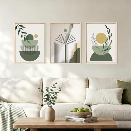 HOURIA Boho Sage Green Geometric Framed Canvas Wall Art Set- 12"x16"x3 - color: Boho Sage Green Wall Art, size: 12"L x 16"W