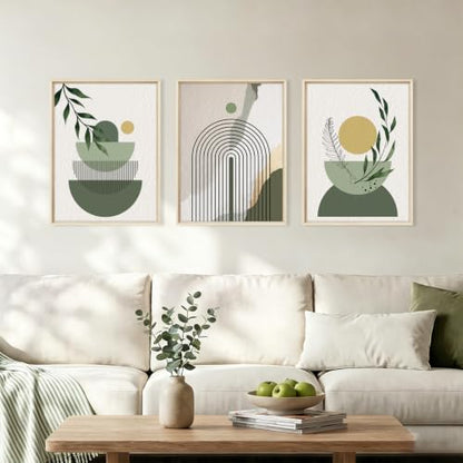 HOURIA Boho Sage Green Geometric Framed Canvas Wall Art Set- 12"x16"x3 - color: Boho Sage Green Wall Art, size: 12"L x 16"W