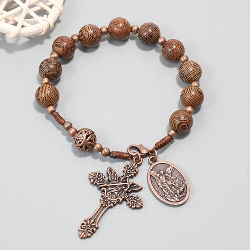 Nazareth Store Wood Beads One Decade Rosary Handmade Pocket Car Mirror with Saint Medal and Jesus Cross in Antique Bronze Wooden Travel Friendly Rosary - style: St. michael medal & cross