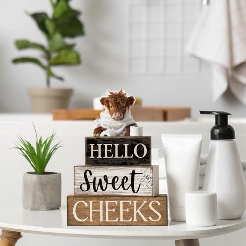 Moucuny 4 Pcs Highland Cow Bathroom Decor Wooden Signs, Farmhouse - style: Bathroom Highland Cow