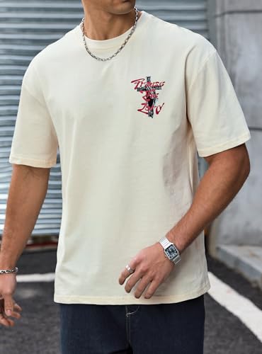 Herberton Men's Graphic T-Shirt Loose Fit Cotton Fashion Casual Streetwear Crewneck Short Sleeve Tee (S-XXL) - color: Beige, size: X-Large