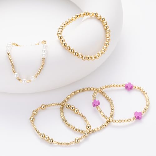 Gold Beaded Pearl Cross Bracelets Stackable Christian Stretch Jewelry Set - color: Purple