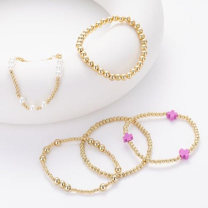 Gold Beaded Pearl Cross Bracelets Stackable Christian Stretch Jewelry Set - color: Purple