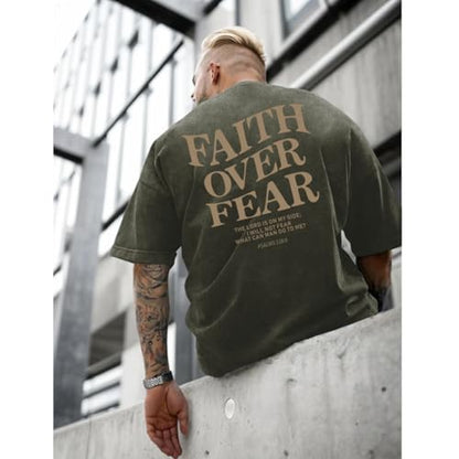 Christian Faith Over Fear Shirt for Men Jesus Religious Shirts Oversized Graphic Tees Acid Wash God T-Shirt - color: Army Green, size: X-Large