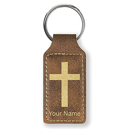 LaserGram Rectangle Keychain, Christian Cross, Personalized Engraving Included - color: Rustic With Gold