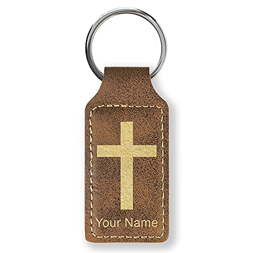 LaserGram Rectangle Keychain, Christian Cross, Personalized Engraving Included - color: Rustic With Gold