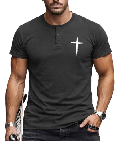 KESIHAN Christian Henley T Shirts for Men Cross Graphic Faith Casual Tee - color: Grey-6, size: Large