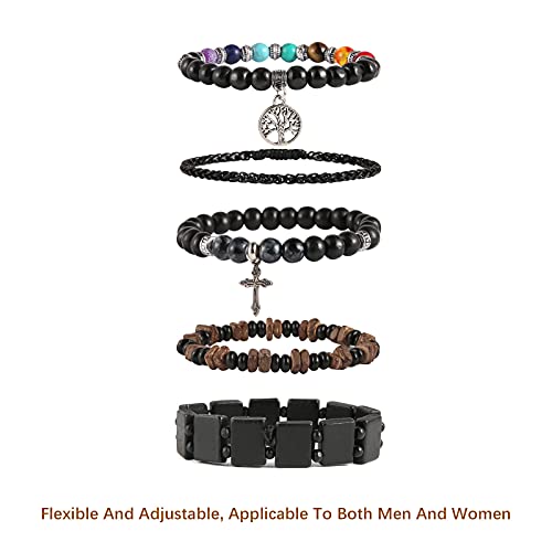 HZMAN Handmade Hemp Cords Wood Beads Leather Bracelets for Men Women - style: Tree of Life