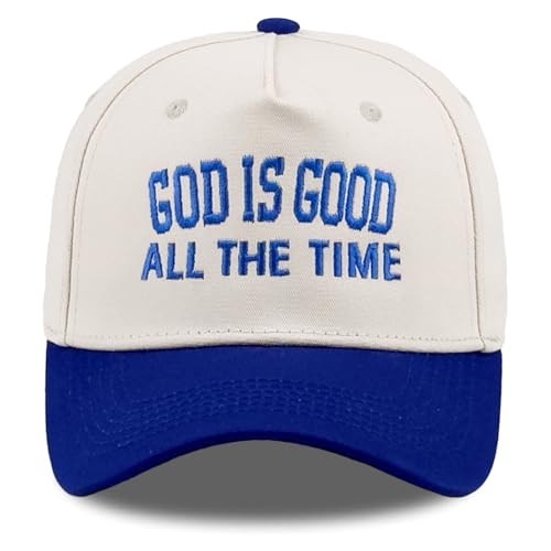 Embroidered Christian Two-Tone Baseball Cap for Men & Women, Adjustable Dad Hat Christmas Easter Gift - color: God is Good All the Time, Navy Blue/Beige