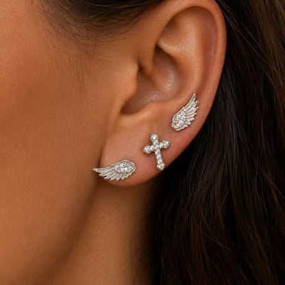 Angel Wing Stud Earrings for Women Crystal Cross Screw Back Wings Earrings Piercing Jewelry - color: 3pcs Silver