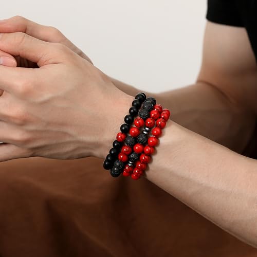 Mens Beaded Bracelets, 8MM Beaded Bracelets for Men, Natural Tiger Eye Bead Bracelet, Stretch Elastic Beads Bracelets for Men - color: 4 black red turquoise volcanic