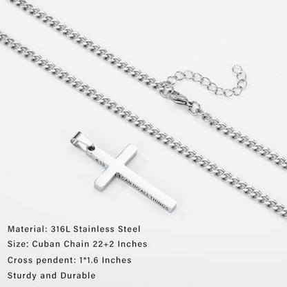 Gnamy Cross Necklace for Men Boys Stainless Steel Bible Verse Cross Pendant with Cuban Link Chain (22+2 Inches) | Christian Religious Jewelry Gifts - color: Silver, style: Joshua 1:9