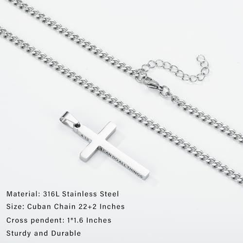 Gnamy Cross Necklace for Men Boys Stainless Steel Bible Verse Cross Pendant with Cuban Link Chain (22+2 Inches) | Christian Religious Jewelry Gifts - color: Silver, style: PHILIPPIANS 19:26