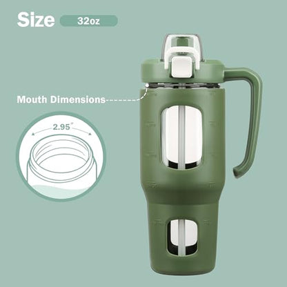 32oz Glass Tumbler with Straw Handle, Reusable Iced Coffee Cup, Olive - color: Olive