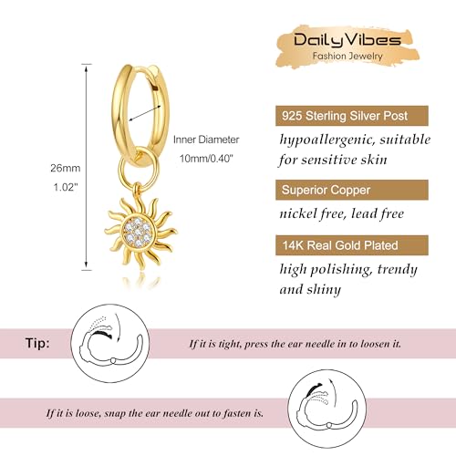 DAILY VIBES Cute Butterfly Star Cross Heart CZ Dangle Earrings for Women - color: Gold Sun CZ
