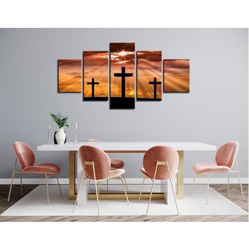 Crucifixion of Jesus Christ Wall Art Three Crosses on Sunset Canvas Prints Wall Decor Cross Silhouette Picture Painting for Office Living Room Decoration Poster Framed Ready to Hang(60''Wx32''H) - color: Artwork-007