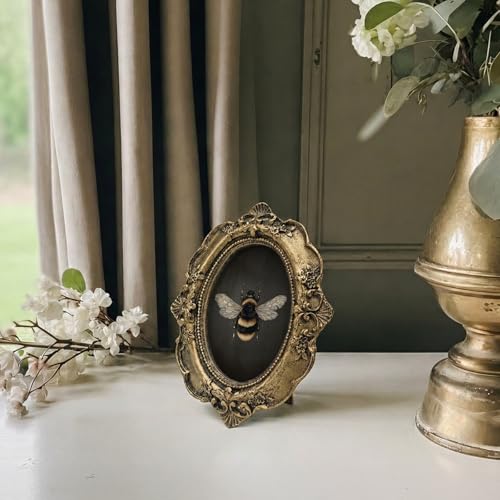 Vintage Bee Small Bronze Oval Picture Frame, Dark Gothic Honeybee Mini Ornate Photo Frame Baroque for Wall Art Decor TableTop Desk, Rustic Nature Framed Artwork Gifts for Office Bedroom 4x5in - color: bee