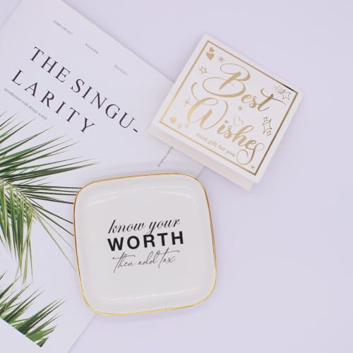Inspiring Quotes Jewelry Tray Plate Ring Dish,Gifts for Coworkers Women - style: Know Your Worth then Add Tax