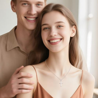 Minimalist Cross Necklace 925 Sterling Silver Dainty Pendant with Zircon Tail Chain Simple Religious Jewelry Gift for Women - color: silver