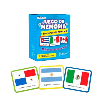 Menique Flags of the Americas Memory Matching Game – Spanish Edition – 70 Cards (35 Pairs) with Flags, Countries & Capitals – Educational Matching Game in Spanish for Kids and Adults - style: Americas