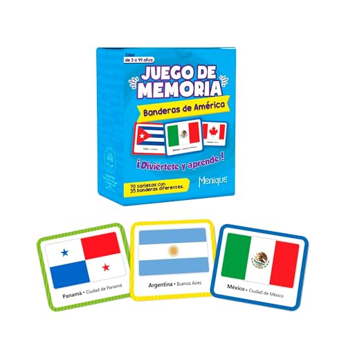 Menique Flags of the Americas Memory Matching Game – Spanish Edition – 70 Cards (35 Pairs) with Flags, Countries & Capitals – Educational Matching Game in Spanish for Kids and Adults - style: Americas