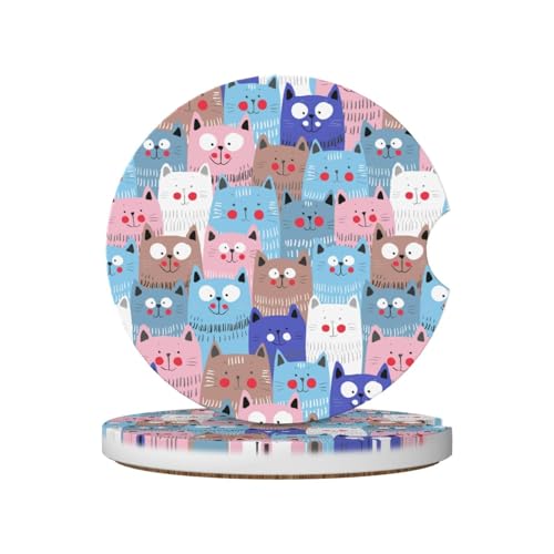 Cute Colorful Cats Car Coasters for Cup Holders,2 Pack Car Cup Holder Coasters for Car,Ceramic Absorbent Car Coaster with A Finger Notch and Cork Base,Car Interior Accessories for Women Men - color: Cute Colorful Cats