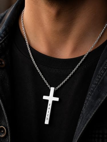Engraved Cross Necklace for Men, Women & Boys & Girls Cross Necklace, Stainless Steel Cross Pendant Necklace, Faith & Inspiration Christian Jewelry Gift - color: Faith