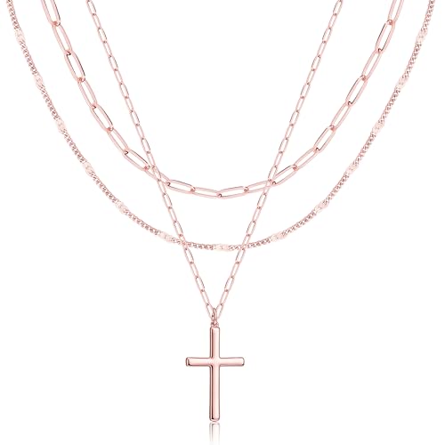 Poxtex Layered Gold Necklaces for Women, Stackable Dainty 14K Gold Silver Plated Trendy Simple Heart Diamond Cross Bow Circle Pendant Paperclip Choker Dot Chain Necklace,Jewelry Set Gifts for Women - color: Rose Gold, style: Cross1