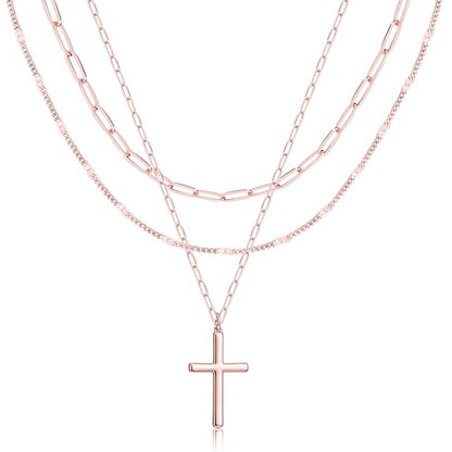 Poxtex Layered Gold Necklaces for Women, Stackable Dainty 14K Gold Silver Plated Trendy Simple Heart Diamond Cross Bow Circle Pendant Paperclip Choker Dot Chain Necklace,Jewelry Set Gifts for Women - color: Rose Gold, style: Cross1