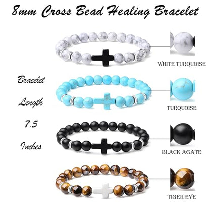 Mens Beaded Bracelets, 8MM Beaded Bracelets for Men, Natural Tiger Eye Bead Bracelet, Stretch Elastic Beads Bracelets for Men - color: White turquoise black yellow