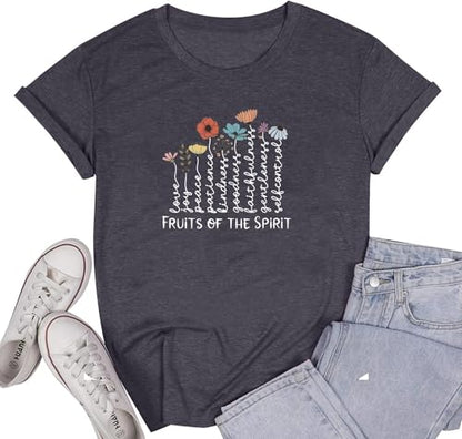 Women's Christian Shirt Fruit of The Holy Spirit Flower T-Shirt Inspirational Bible Text Top - color: Z-q6013-black, size: Large