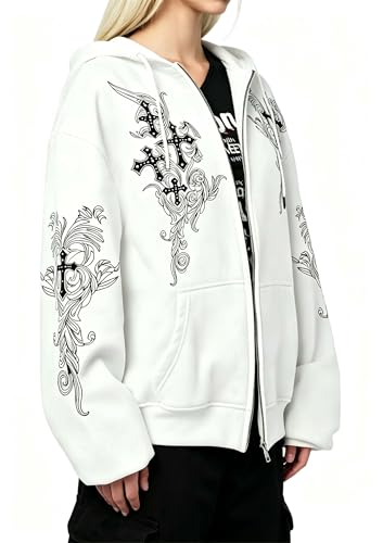 Zip Up Oversized Hoodies Women Men, Graphic Gothic Jackets Cross Hoodie, Baggy Streetwear Fleece Sweater Unisex - color: White, size: Small