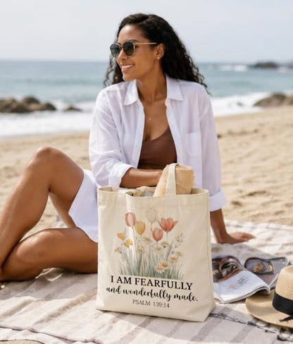 Christian Bible Verse Tote Bag for Women Faith Church - color: Fearfully