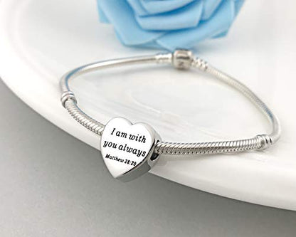 Heart Charm Fit Pandora Charms Bracelet Christian Bible Verse Charm Prayer Faith Religious Charms Gifts for Women - style: I am with you always Matthew 28:20