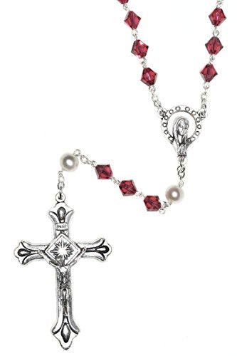 Catholic Prayer Rosary Created with Swarovski® Crystals-Glass-Silver-Gold - color: Ruby - July - SILVER