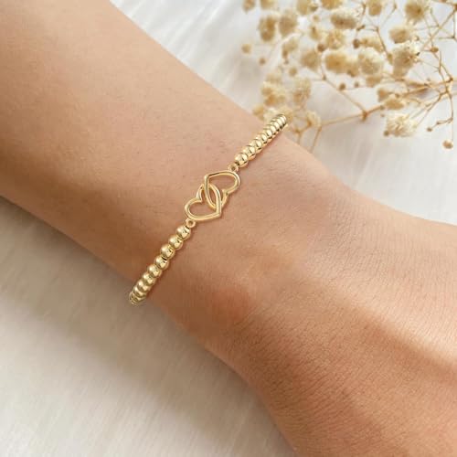 Beaded Bracelets for Women 14K Silver Gold Plated Stretch Handmade Ball Bracelets Cute Charm Bracelet Dainty Stackable Cross Heart Bow Wave CZ Circle Trendy Jewelry Easter Gifts - color: Gold-4