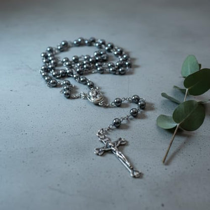 Nazareth Store Hematite Rosary Beads Black Stone Catholic Rosary Necklace with Jerusalem Holy Soil & Cross Antique Religious Rosaries Beads Collection - color: Black
