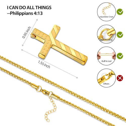 Romass Cross Necklace for Men Boys - 316L Stainless Steel Bible Verse Religious Pendant, Christian Jewelry Gifts for Son Husband, Graduation Gifts, Adjustable 22+2 inch Chain - color: Black+Gold, style: 2Pcs 4:13
