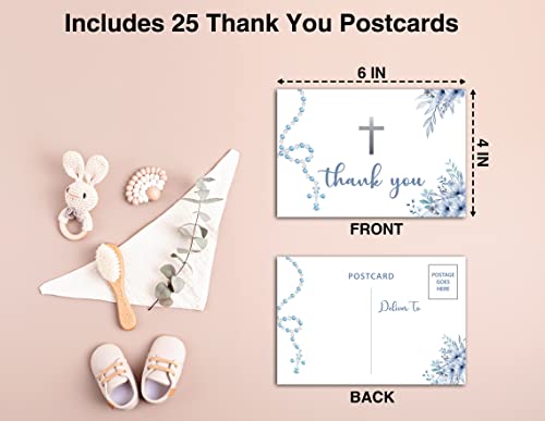 Baptism Thank You Post Cards, Boho Floral Baby Shower Thank You Card, Blue Rosary Flower 1st Communion Religious Christening Ceremony Celebration, Gender Reveal Party Decorations - A01(25 Pack) - style: Boho Floral