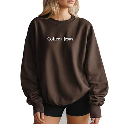 Verita Culture Coffee And Jesus Christian Sweatshirt Women Fall Long Sleeve Graphic Shirts Cozy Weather Lover Pullover Tops - color: Dark Chocolate, size: Medium