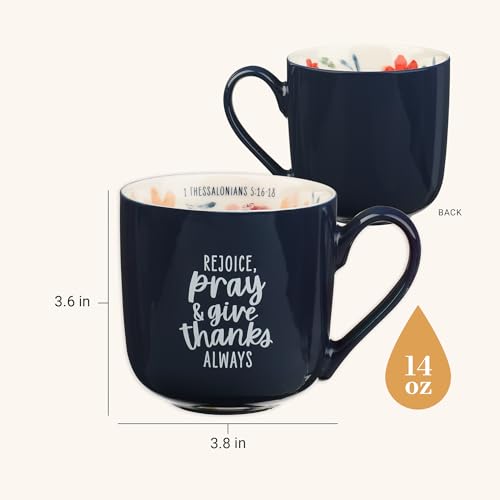 Christian Art Gifts Large Ceramic Coffee Scripture Mug for Women - color: Navy Floral/Rejoice Always, size: 14 Ounces