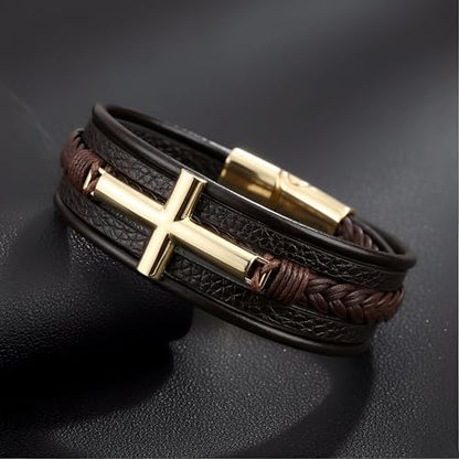 Stainless Steel Braided Leather Bracelet for Men Cuff Bangle Cross - color: Brown&Gold