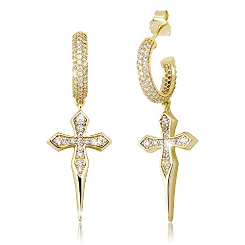 TOPGRILLZ Cross Hoop Dangle Earrings 925 Sterling Silver 5A+ Cubic Zirconia 14K Gold Hypoallergenic Cross Hoop Cuff Huggie Drop Earrings For Men Women - color: 925S Gold