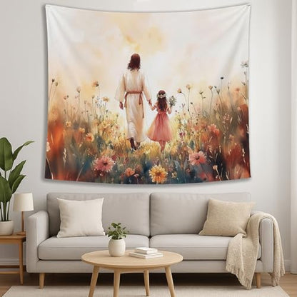 bitCNY Jesus and Girl Tapestry 60x50 Inches – Christian Tapestry for Kids Room, Gentle Faith Wall Hanging, Religious Art for Family Spaces - color: white-Jesus and Girl