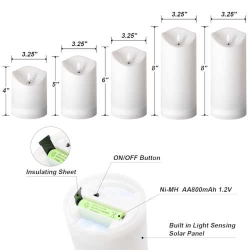Solar Candles Outdoor Waterproof, Flameless LED Pillars Candles, Set of 5 - size: 3.25" × 4"/5"/6"/8"/8" (5-Pack)