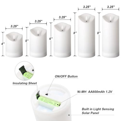 Solar Candles Outdoor Waterproof, Flameless LED Pillars Candles, Set of 5 - size: 3.25" × 4"/5"/6"/8"/8" (5-Pack)